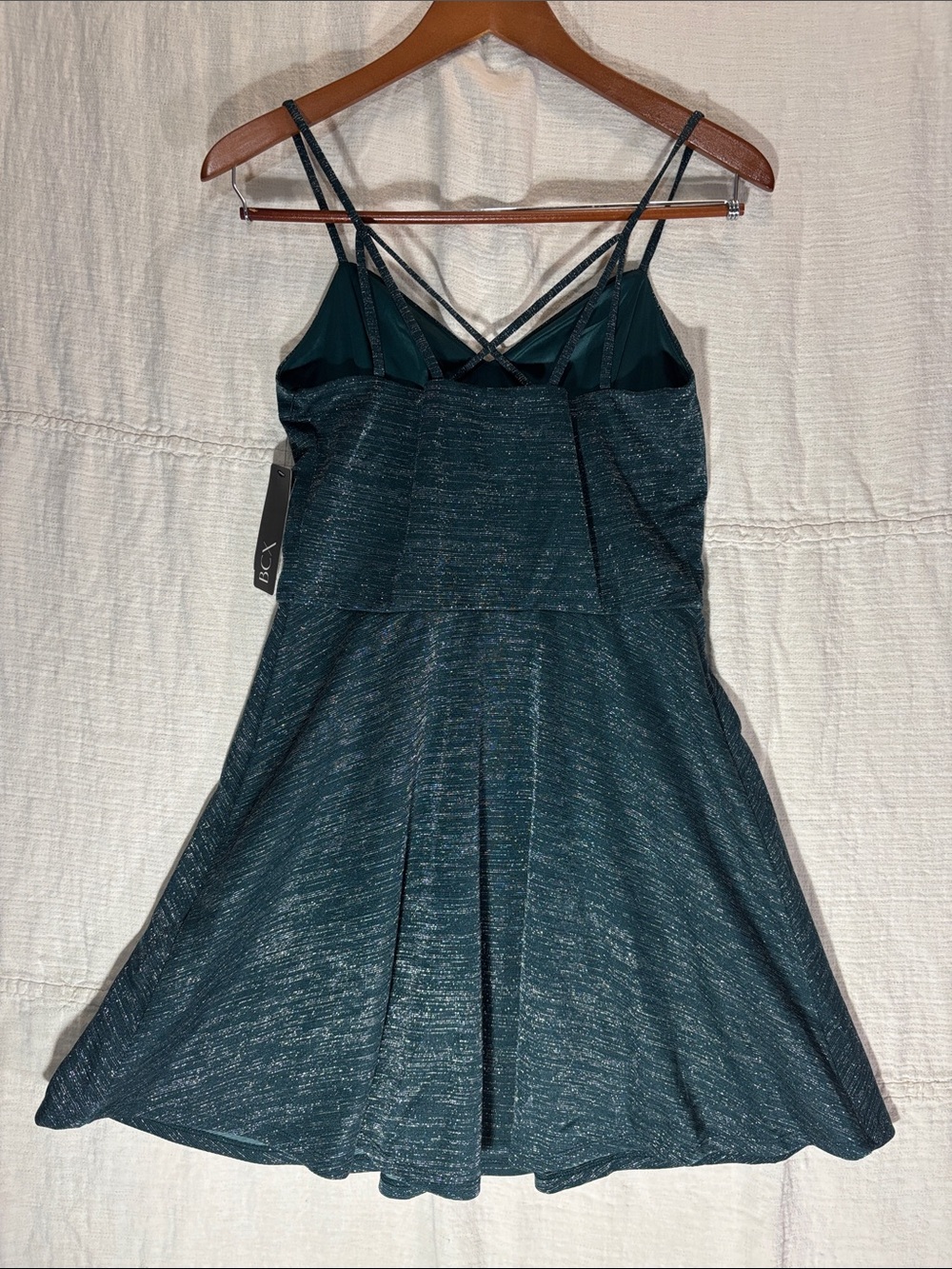 BCX Hunter Green Shimmer Strappy Fit-and-Flare Mini Dress Spaghetti straps - Picture 6 of 9